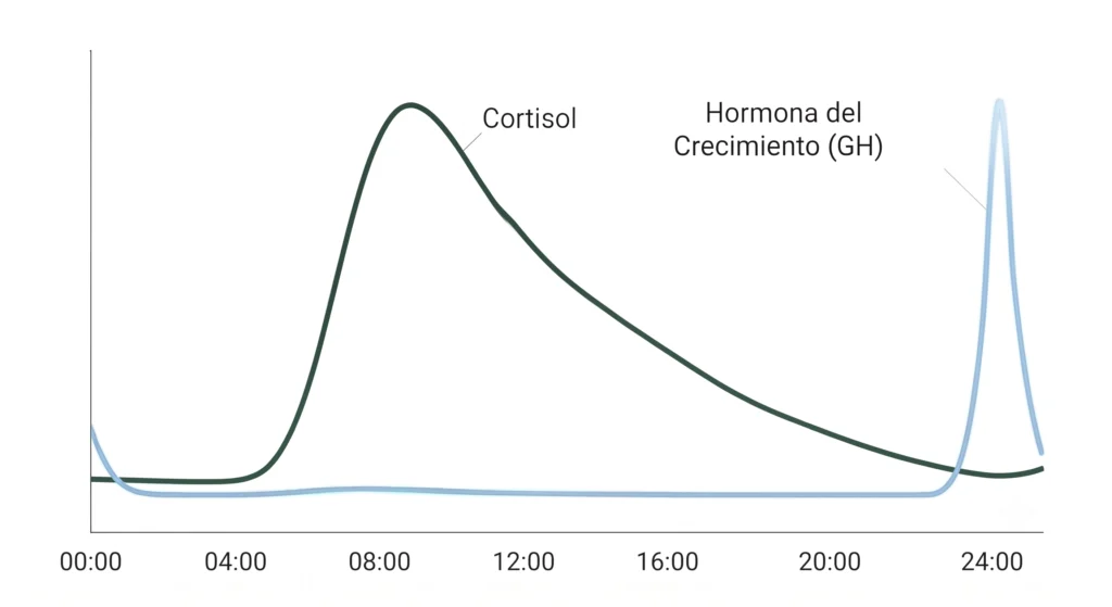 Ritmo circadiano del cortisol y pulso nocturno de hormona de crecimiento, en un horario de sueño de 23:00 a 07:00. El pico principal de GH se produce durante el sueño profundo, en el primer tercio de la noche, cuando el cortisol está en su punto más bajo. Escalas no comparables entre hormonas: el gráfico ilustra el momento del día, no la magnitud.